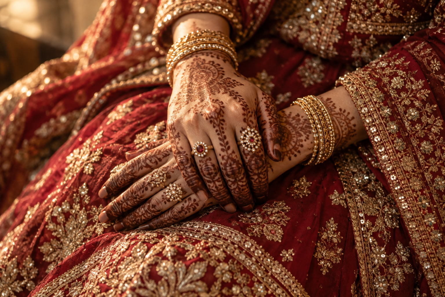 Close-up of bridal henna and embroidered wedding fabric