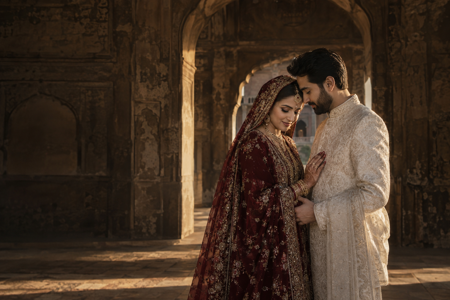 Wedding editorial of a couple in traditional Pakistani wedding attire
