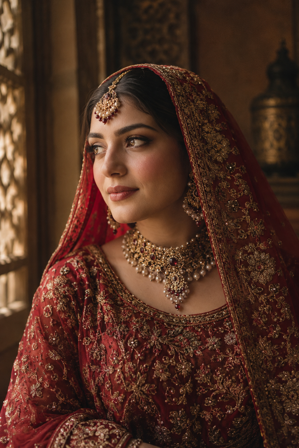 Editorial bridal portrait with traditional red attire and jewelry